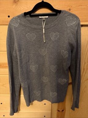Vila Milano Gray Crewneck Sweater with Rhinestone Hearts